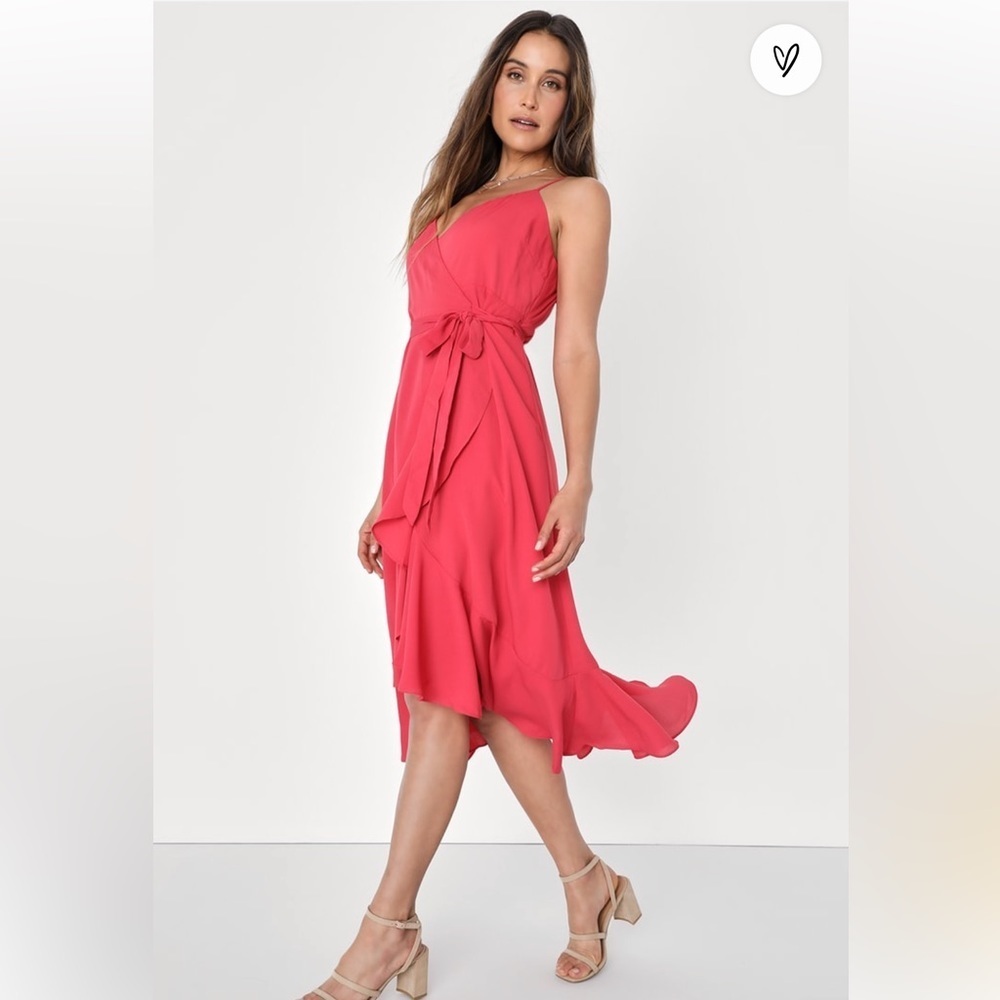 Lulus Manhattan Moment Berry Pink Ruffled
Midi Wrap Dress Size M